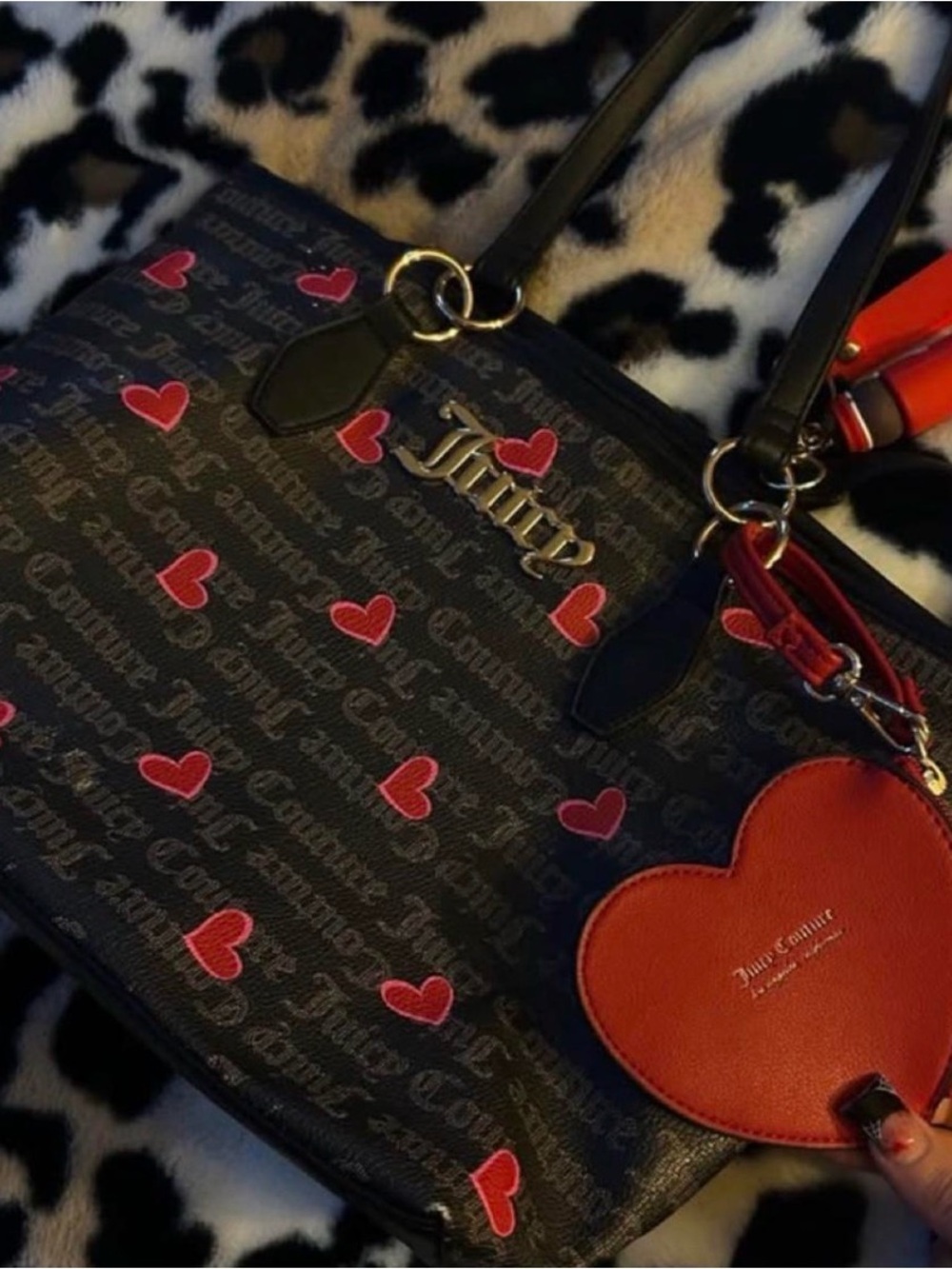 Juicy Couture Black Tote with Red Heart Print and Heart Charm